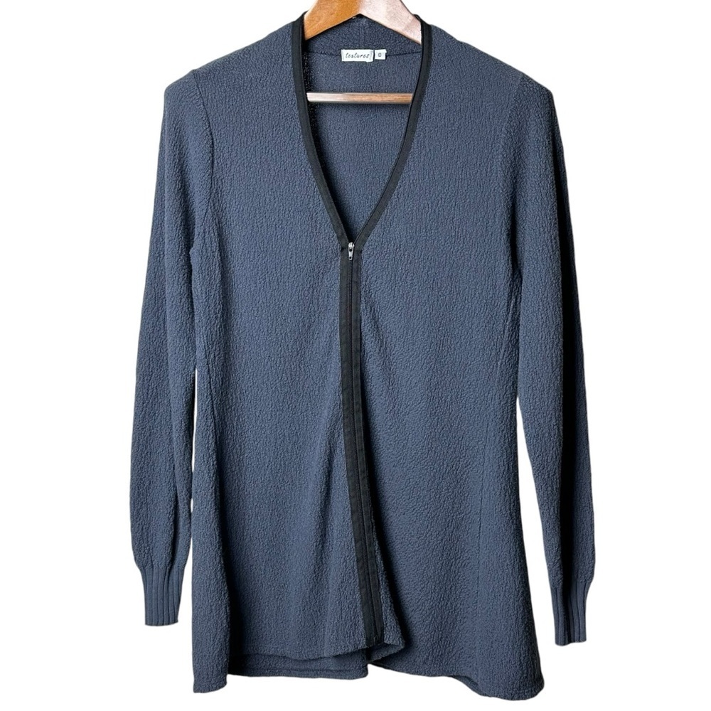 Textures Size 0 Full Zip Longline Cardigan Cotton Jacket Made in USA Blue Gray